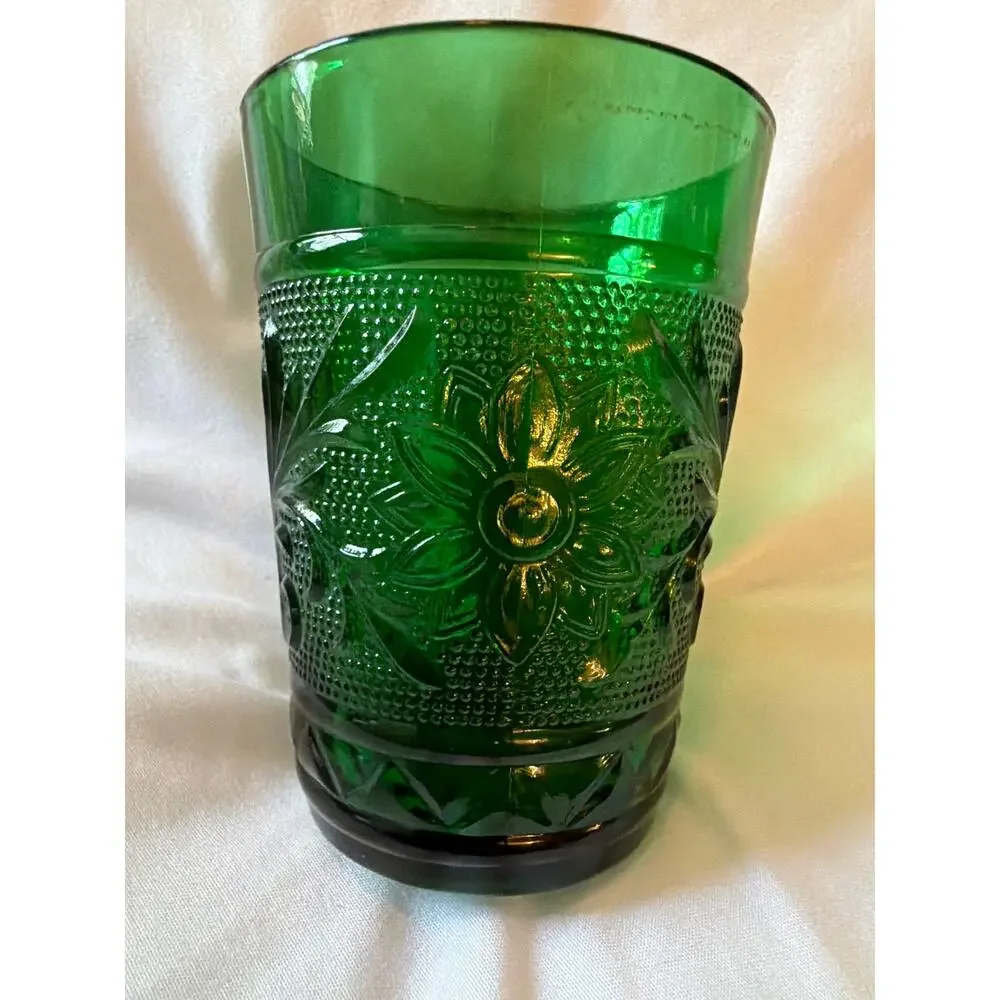 Vintage Emerald Green Pressed Glass Tumbler Floral Scroll Pattern Drinking Glass
